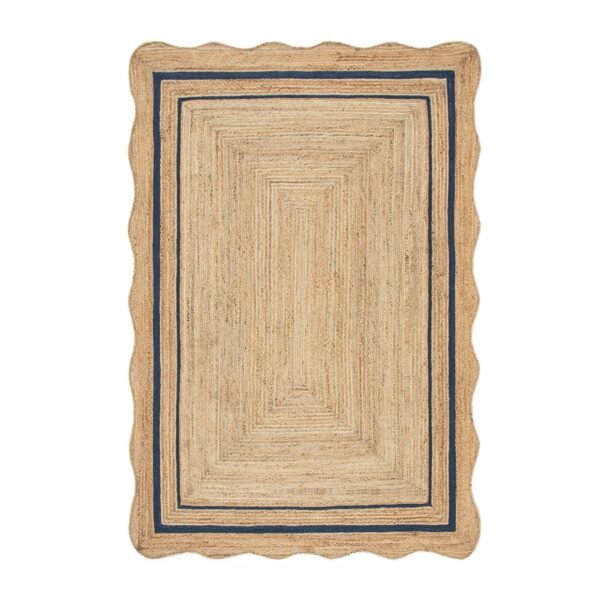 Evie Hand Braided Jute Scallop Navy Blue Border Rectangular Rug